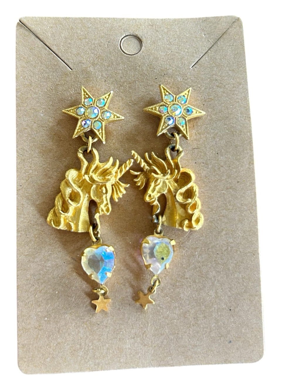 Kirk’s Folly unicorn aurora borealis crystal gold dangle heart star earrings
